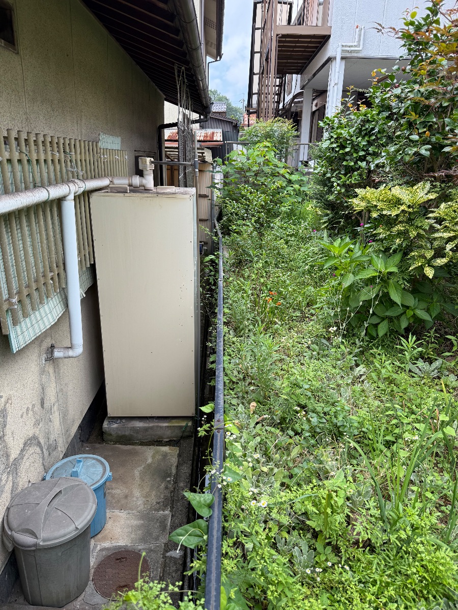 浅口市鴨方町 草刈りと庭木の伐採 作業前の建物脇の通路 便利屋あんばい